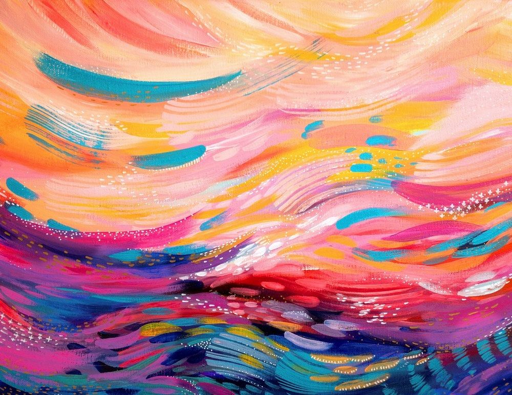 Swirly paint strokes making an abstract acrylic painting that transitions from warm colors to cool tones