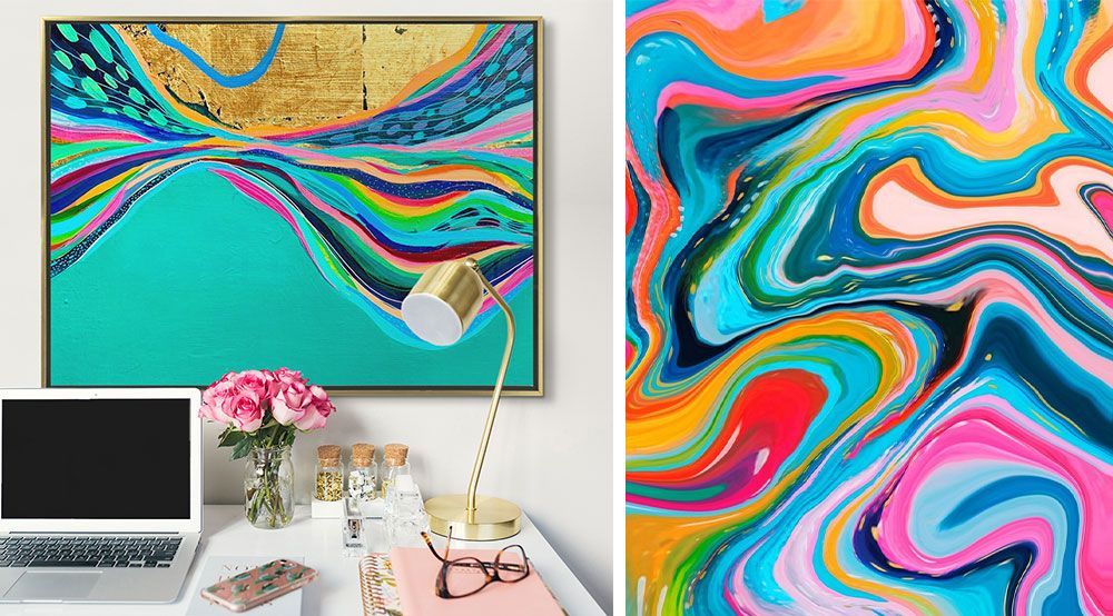 Left: Teal and gold print in a gold frame hung in a office setting. Right: Colorful digital abstract painting primarily in warm colors