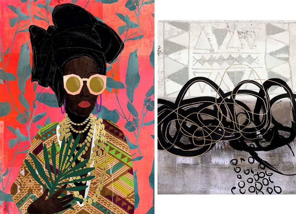 Left: Abstract figure wearing a turban on a brightly colored background Right: Black and gold paint strokes on a geometric background