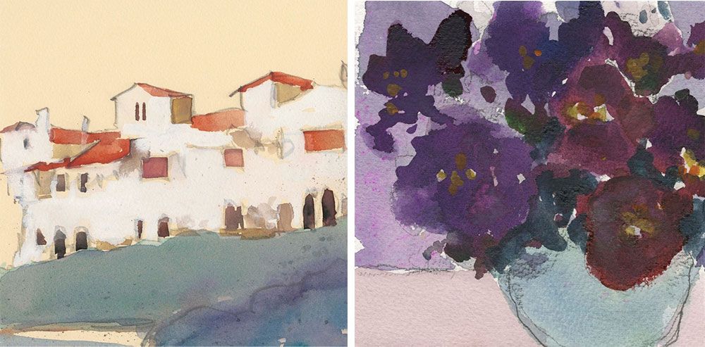 Two abstract watercolors in warm and cool tones suggesting architecture and bouquet of purple flowers