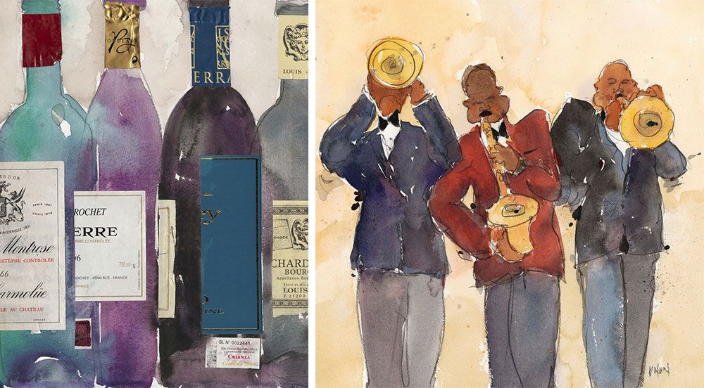 Abstracted watercolor art of wine bottles on the left and three jazz players on the right