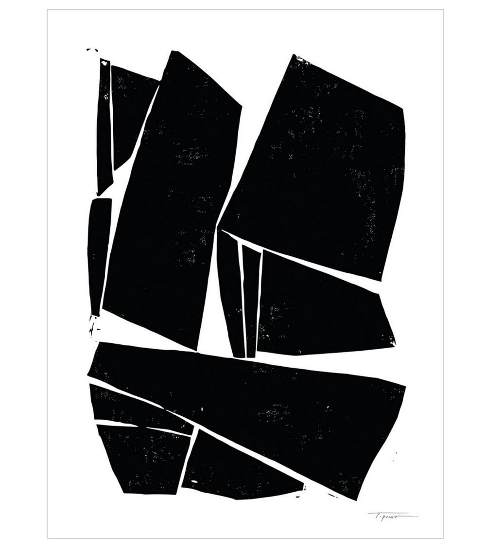 Large black abstract forms on white showing a slight texture in the paint