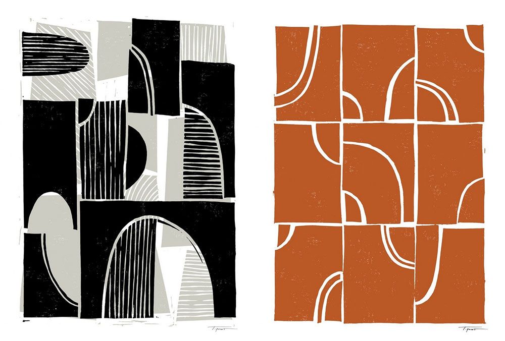 side by side block prints in orange, grays and black