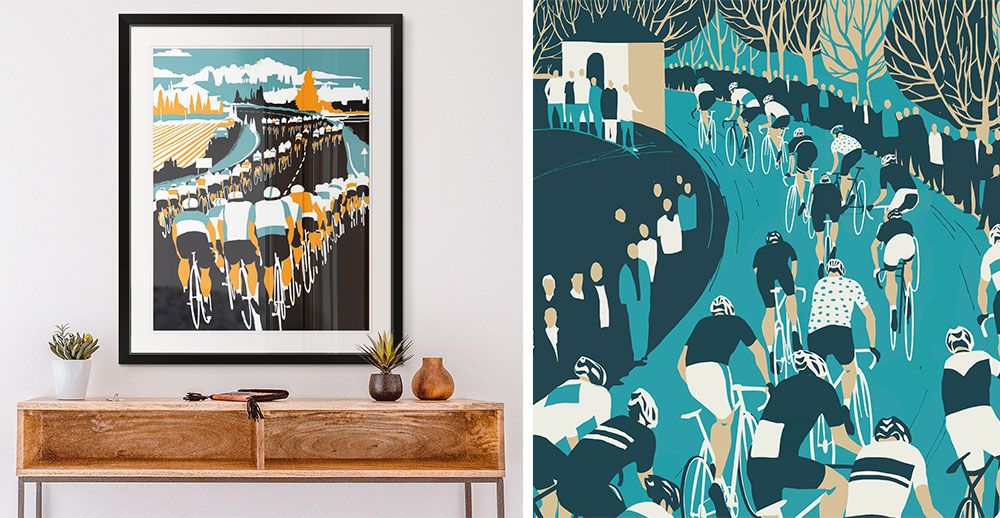 a bright room interior with a framed print hanging on wall of graphic bicycling art