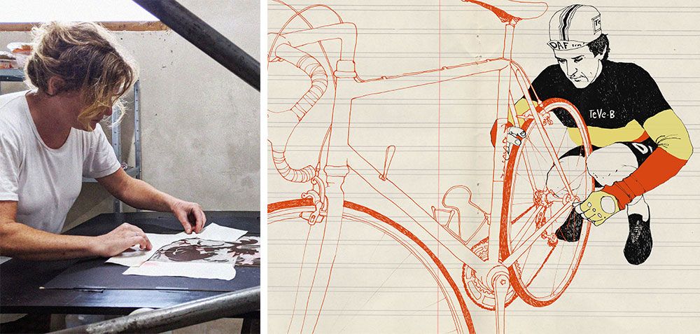 A photograph of artist Eliza Southwood working on a linocut in her studio