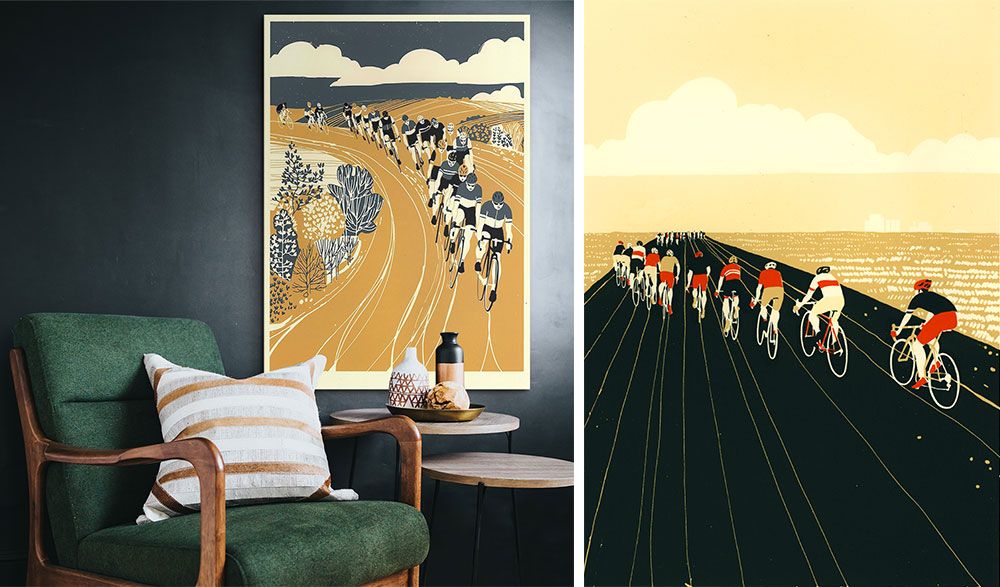 a room interior with green chair and canvas print hanging on wall of graphic art