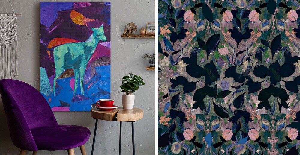 a room interior with jewel toned chair and canvas print hanging on wall of abstract art