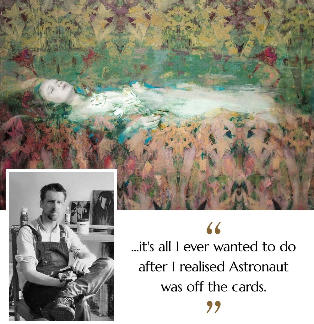 Black and white portrait of artist illustrator David McConochie and his artwork titled 'Ophelia'