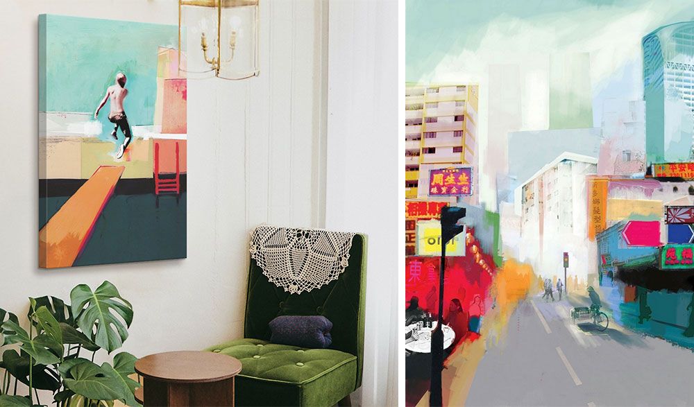 room interior with green décor and brightly colored canvas print hanging on wall