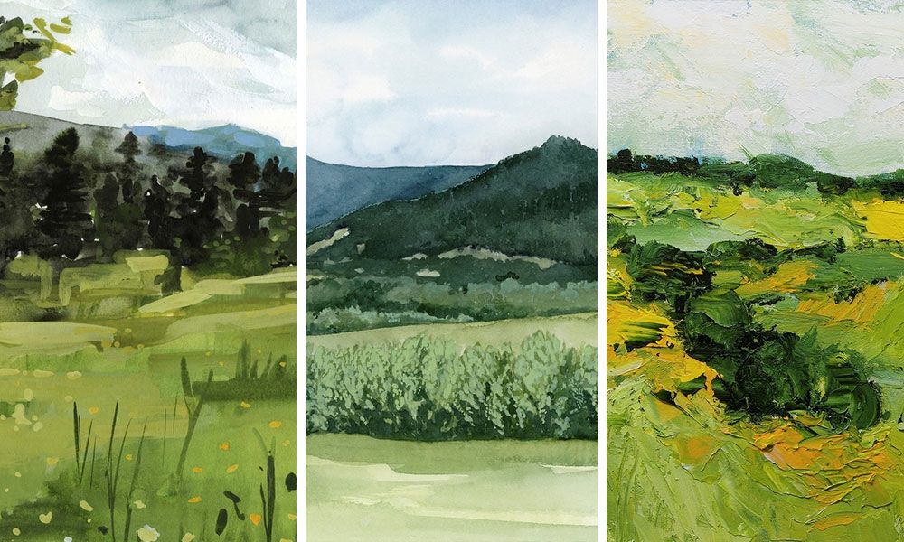 three emerald green landscapes in watercolor and acrylic paint