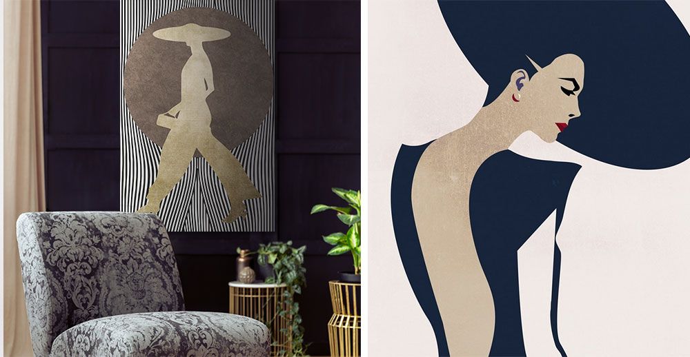 Gold, black and white graphic art canvas print of woman in a dark glam living room.