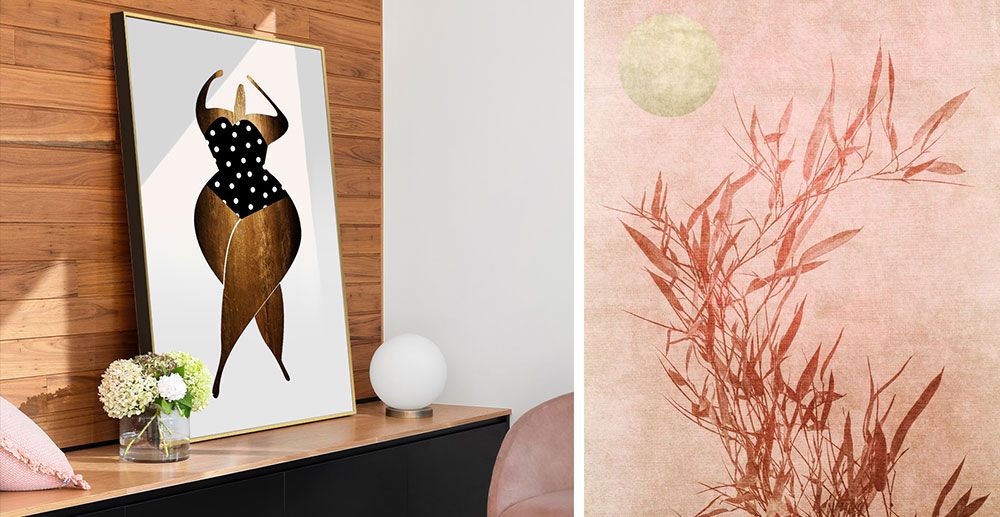 Large print of a abstract woman in a gold float frame leaning on a shelf.