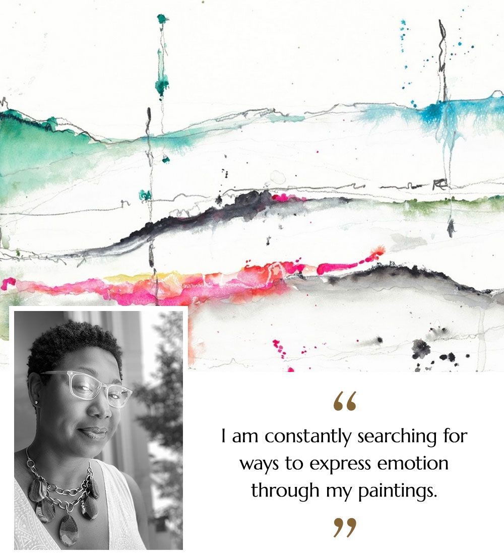 Black and white portrait of artist Dawn Trimble and her artwork titled Emotion 2