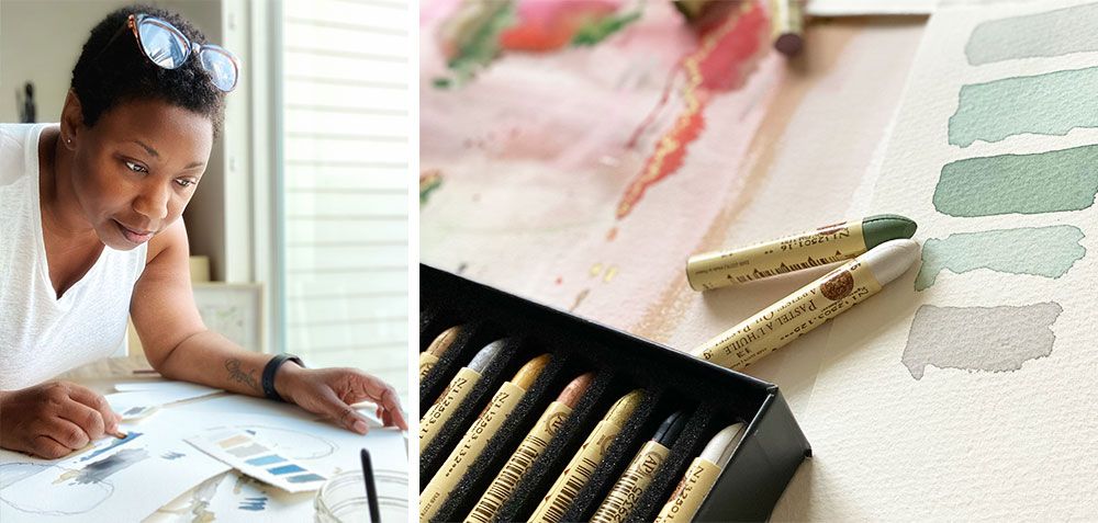 Photographs of Dawn Trimble working in her studio and her art supplies.