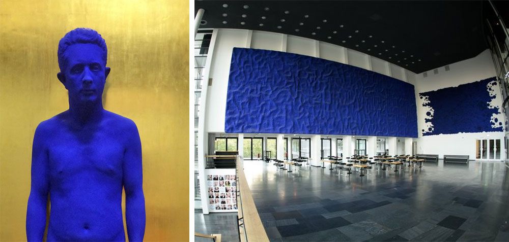 Photographs of two of Yves Klein's work showcased in a museum.