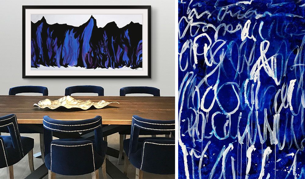 Photograph of IKB Inspired art in a framed print in a modern dining room.