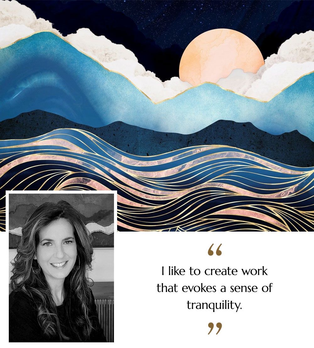 Black and white portrait of artist Katherine from SpaceFrog Designs and her artwork titled Star Sea