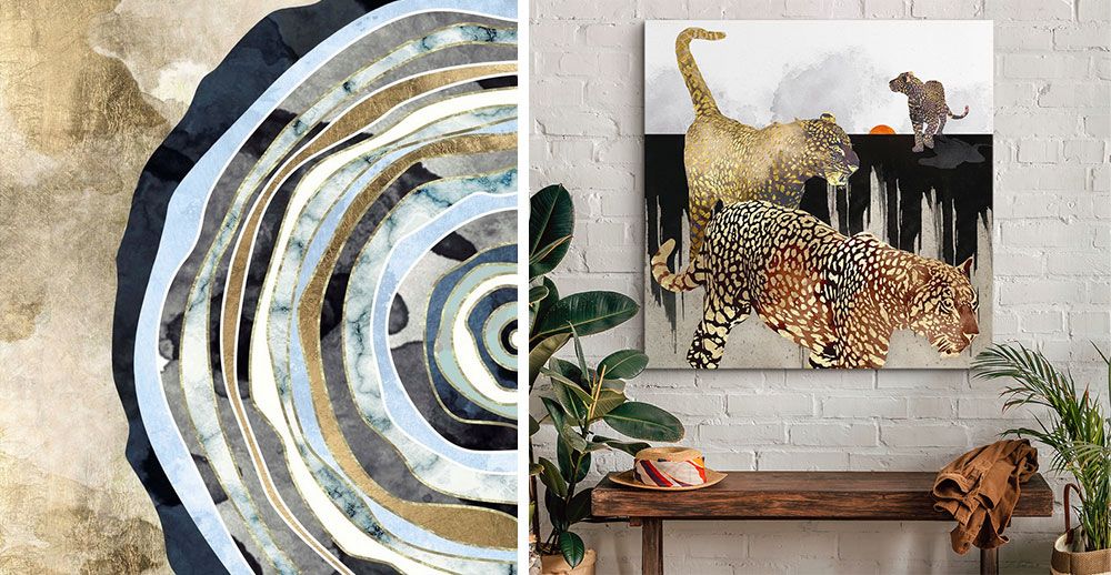 Minimal leopard canvas print on a white brick wall in a bohemian space