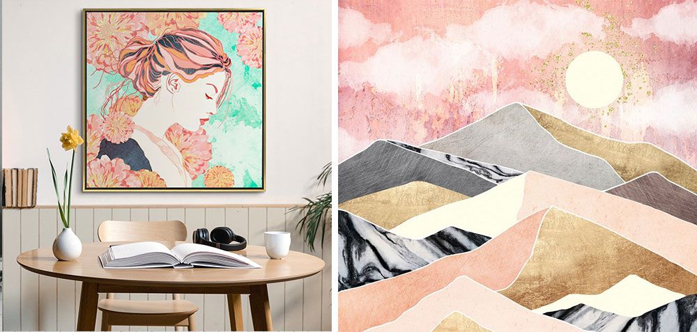 Stylized portrait canvas print in a gold float frame hanging on the wall in a dining space.