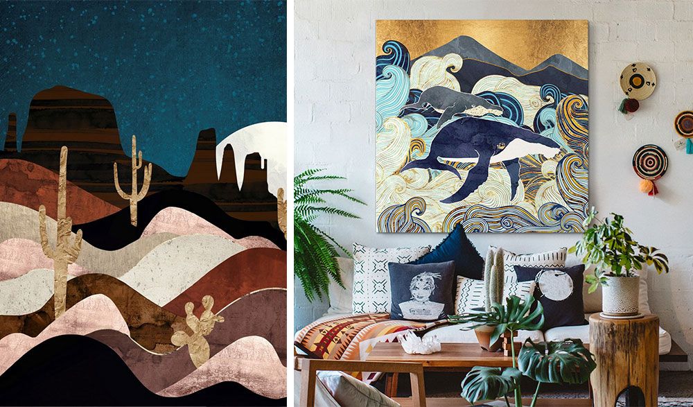 Graphic canvas print of whales over a couch in a light Bohemian living room.