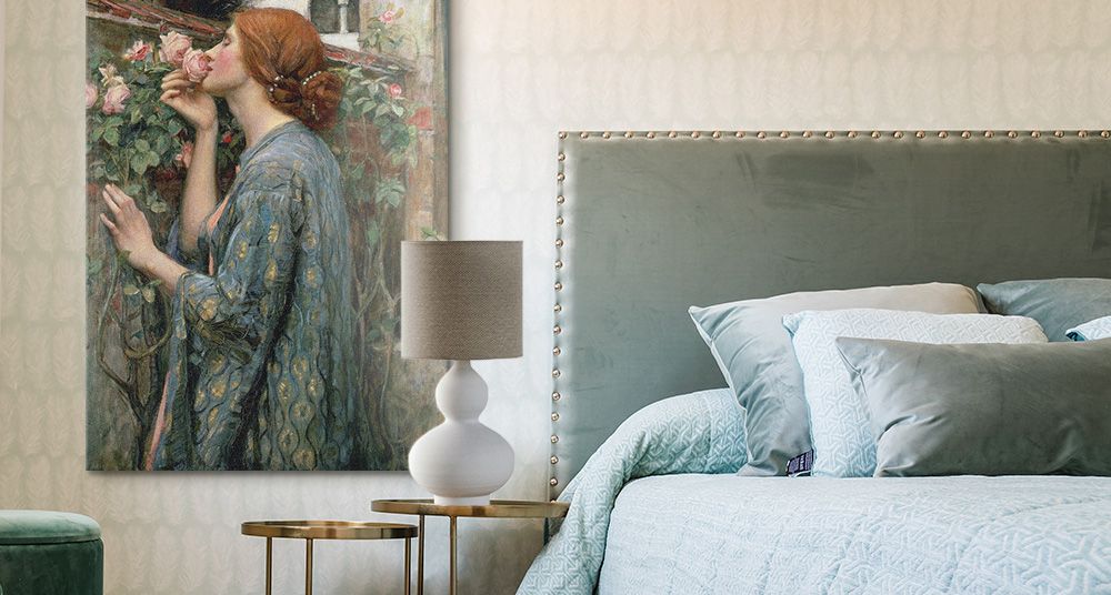 A classic art portrait on canvas in a textured and luxurious bedroom. 