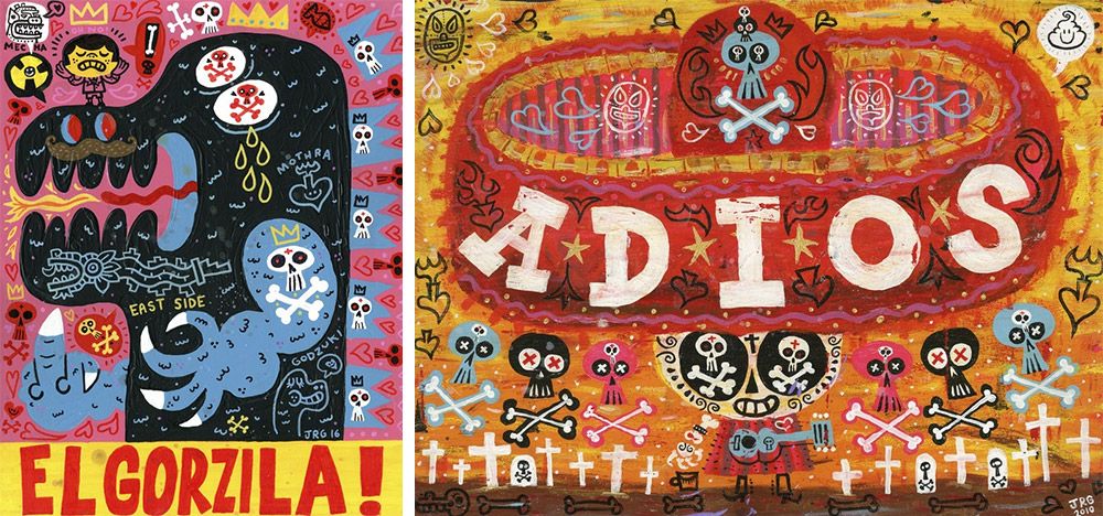 Bold and colorful paintings inspired by Mexican street art and murals.