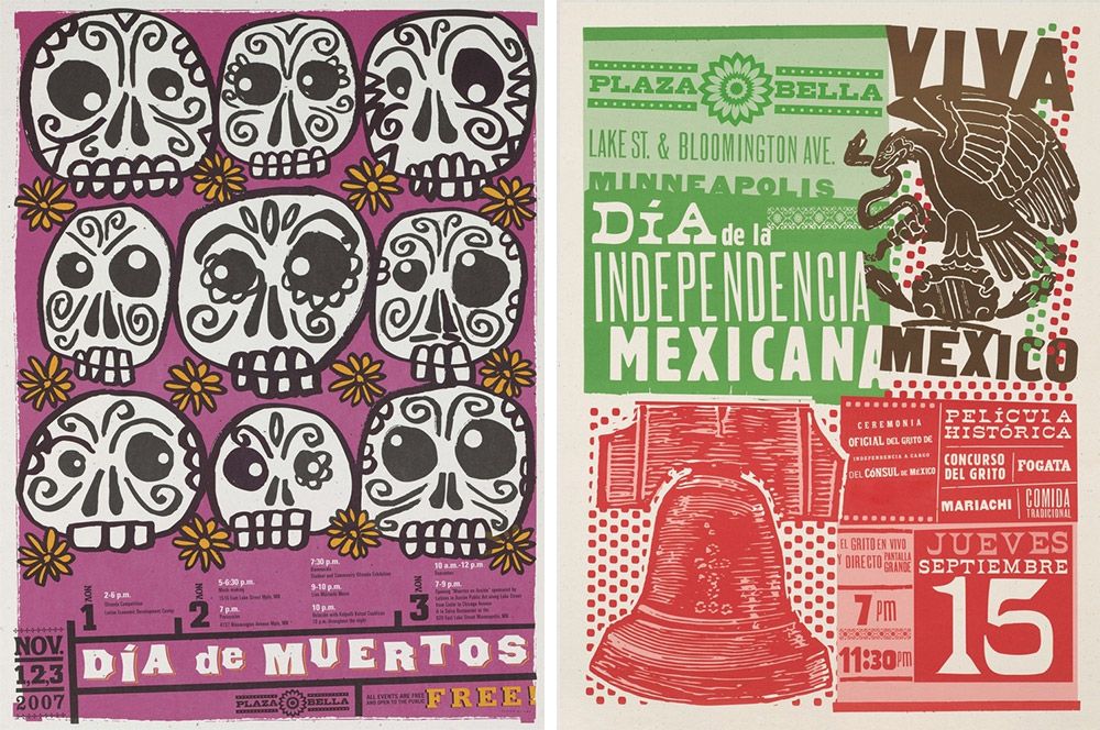 Two advertisement prints portraying different events in a Mexican influenced style.