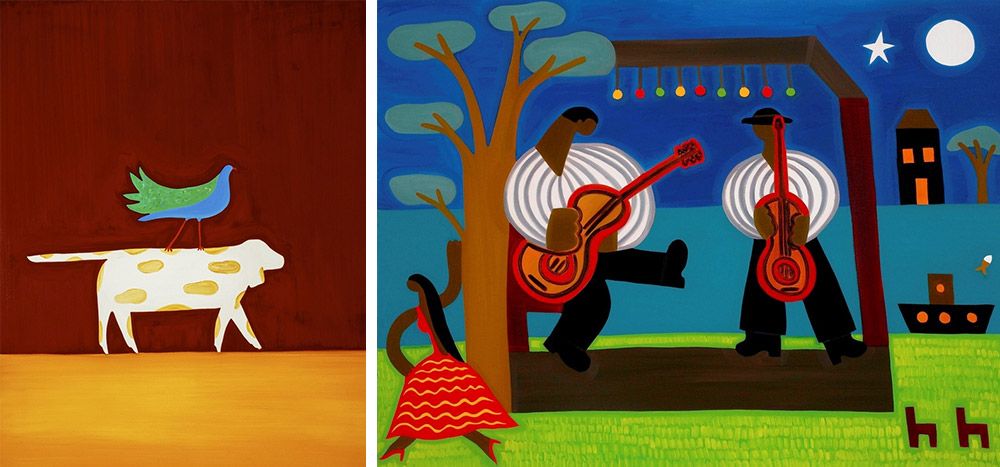 Two abstracted paintings of everyday life featuring a dog and a musicians.