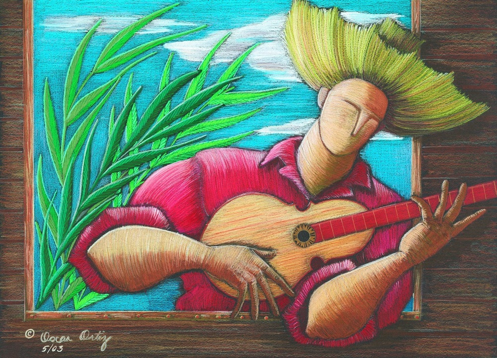 Soft and colorful portrait of a man playing a guitar.