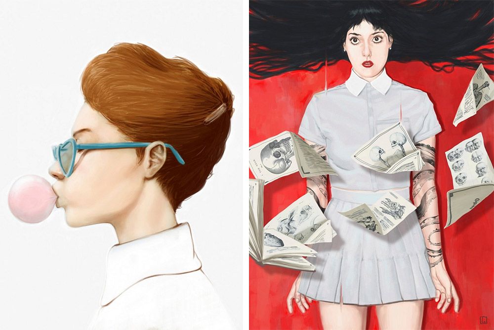 Two vibrant paintings of women by artist Alexander Grahovsky