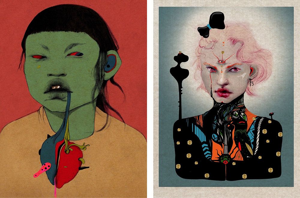 Two Surrealist Portraits of in bold colors by Arassay Hilario