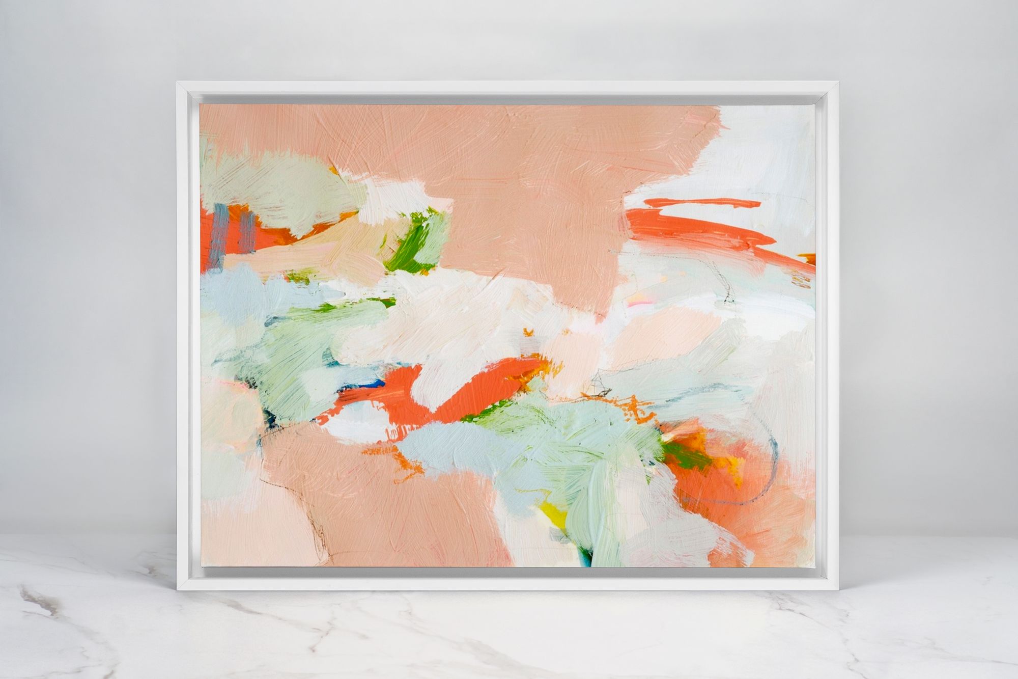Pink Abstract art in a white floating frame on a white background