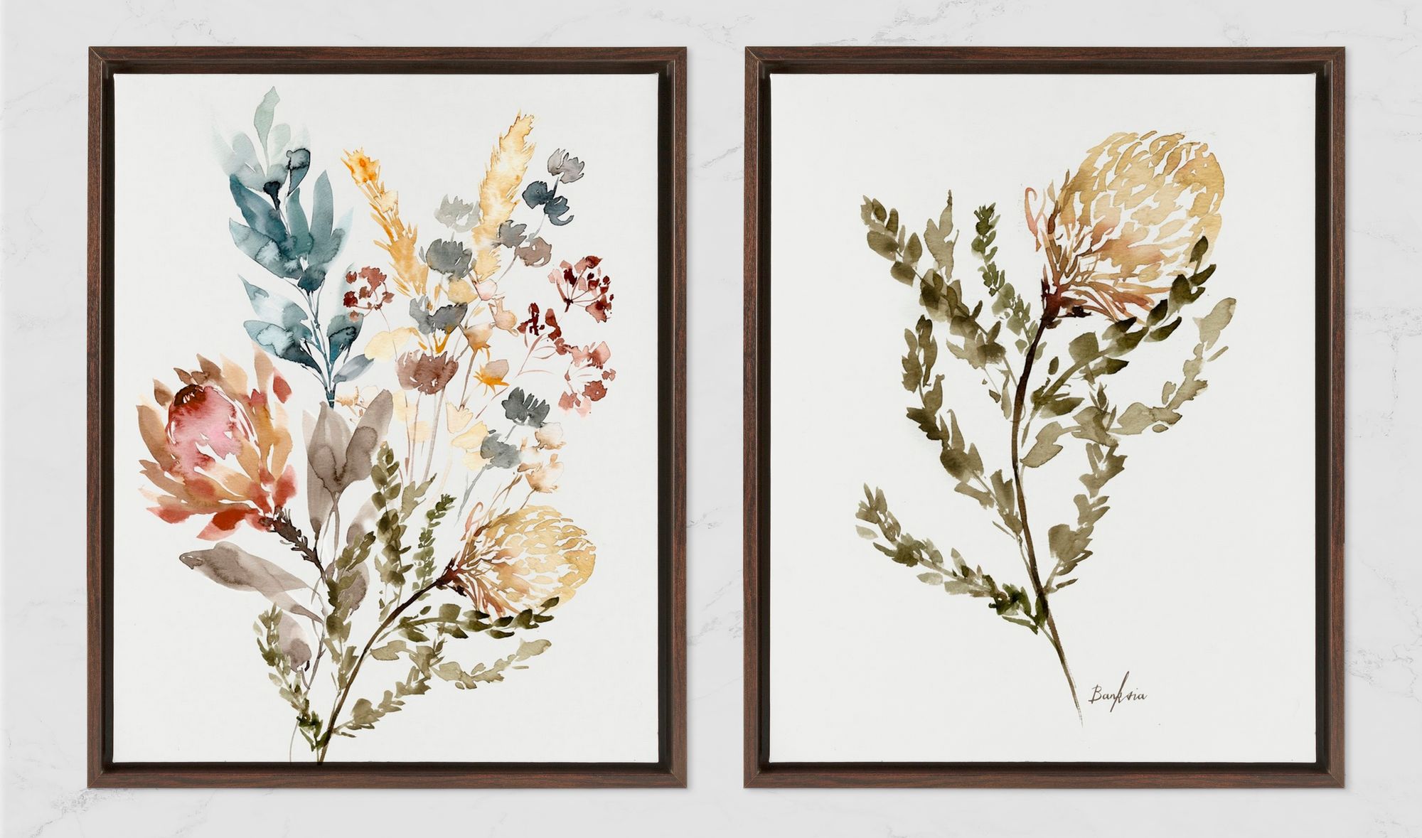 Side by Side of two watercolor floral walnut floating framed canvas prints