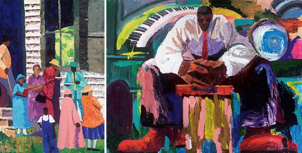 Painterly artwork by Dane Tilghman. Left: families outside of a church
