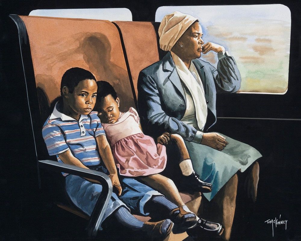 Artwork depicting a black woman and two children riding a train