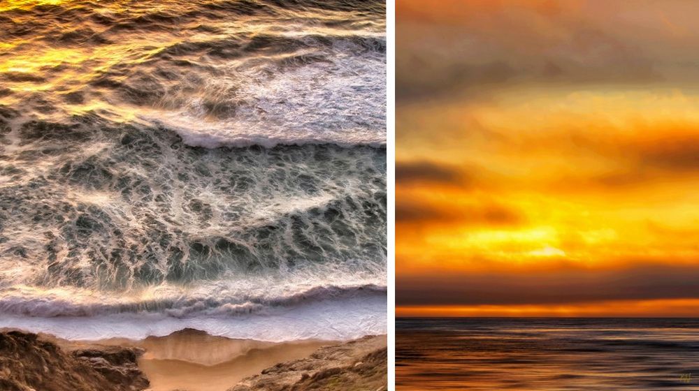 Side by side images of ocean waves and an ocean sunset