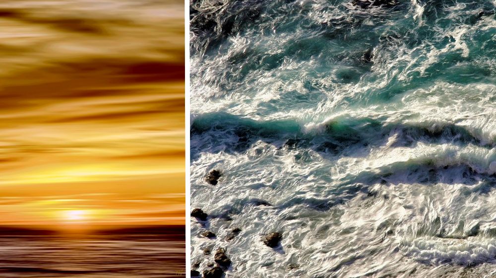 Side by side images of an ocean sunset and ocean waves crashing