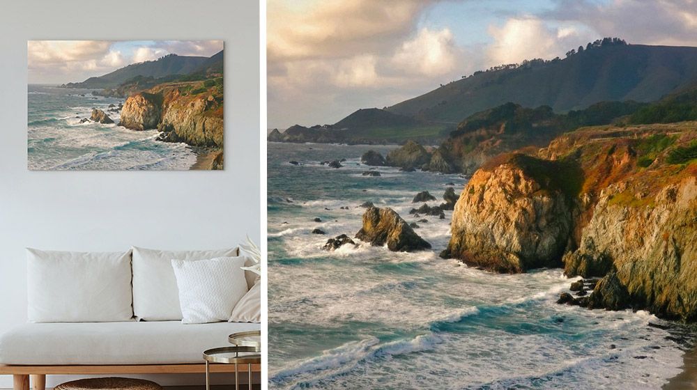 Side by side Coastal photography canvas print over a couch in a living room and the original photo