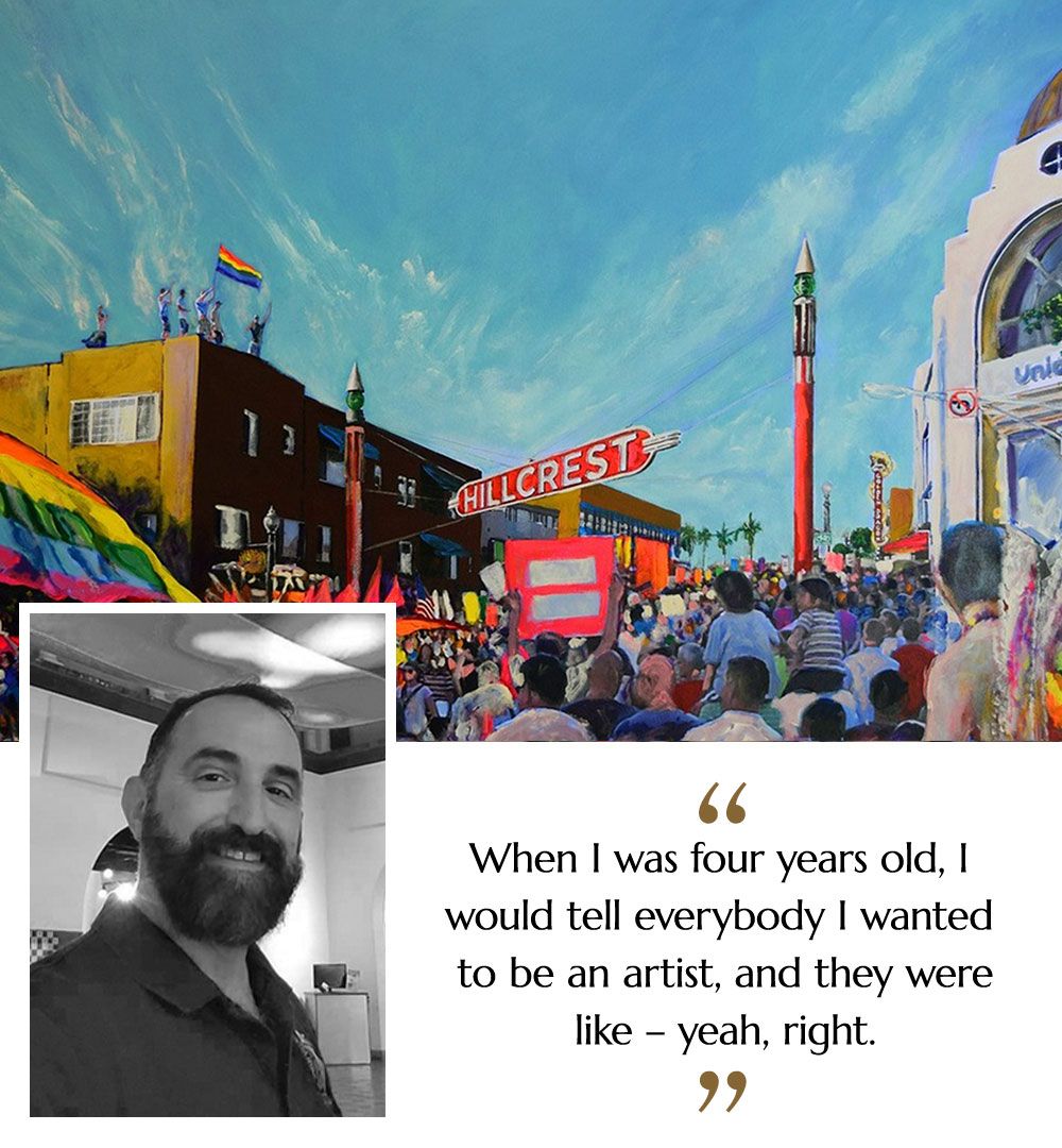 Black and white portrait of artist RD Riccoboni and his artwork Celebrating Equality San Diego California