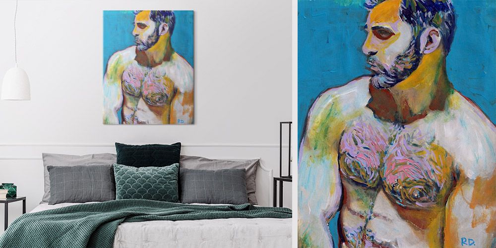 Side by side images of a nude male portrait over a bed and the original painting.