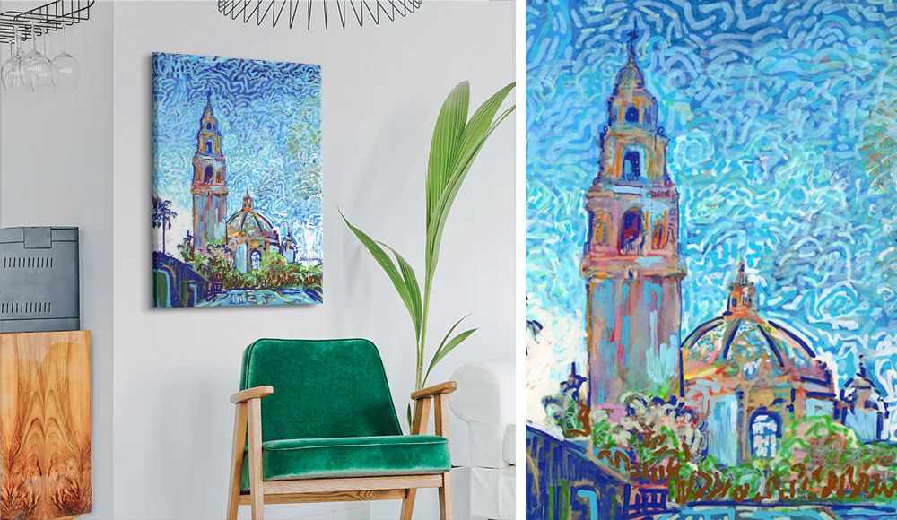 Side by side images of wall art of a building over a chair and a close-up of the original painting.
