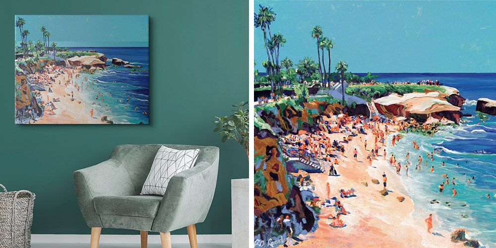 Side by side images of canvas art depicting a beach over a chair and a close-up of the original painting.