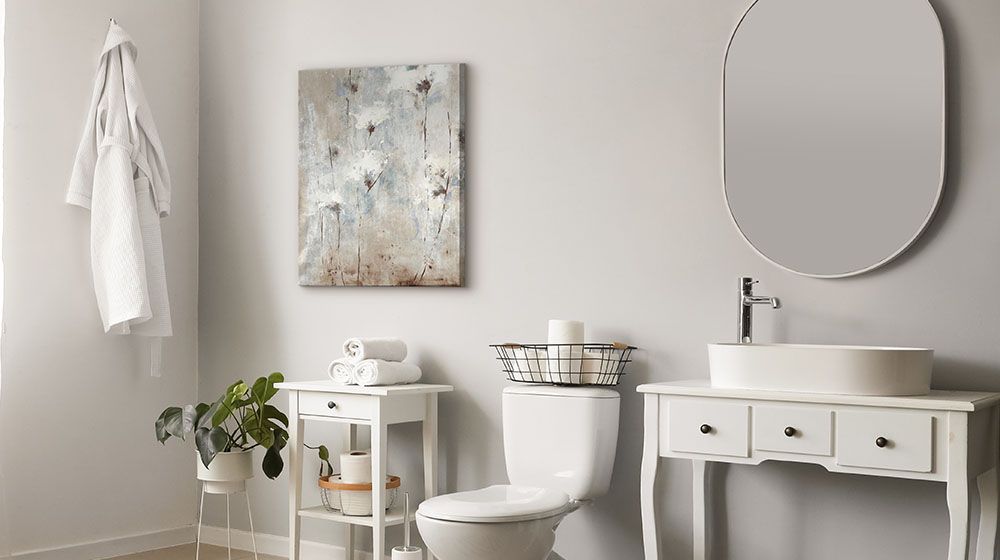 Here Today, Gone Tomorrow by Liz Jardine Canvas Art pictured in a bathroom