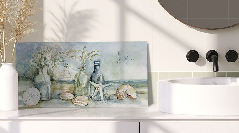 Seaside Bottles & Shells by Susan Winget Canvas Art pictured in a bathroom