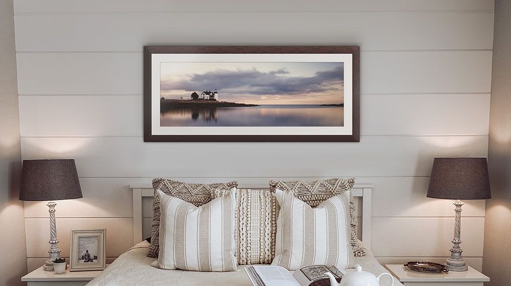 Prospect Light Panoramic I, Color Wall Art by Moises Levy hung over a bed, on a shiplap wall
