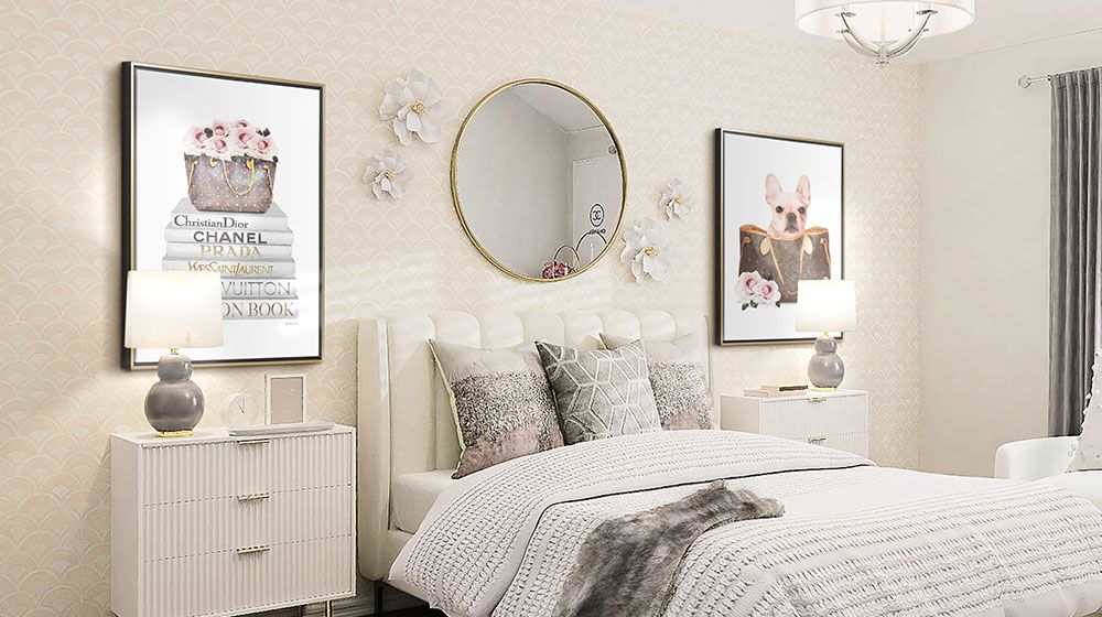 Pink Rose Book Stack Wall Art, and Fashion Bag With Frenchie Wall Art by Amanda Greenwood each hung over a night stand, in a glamour styled bedroom