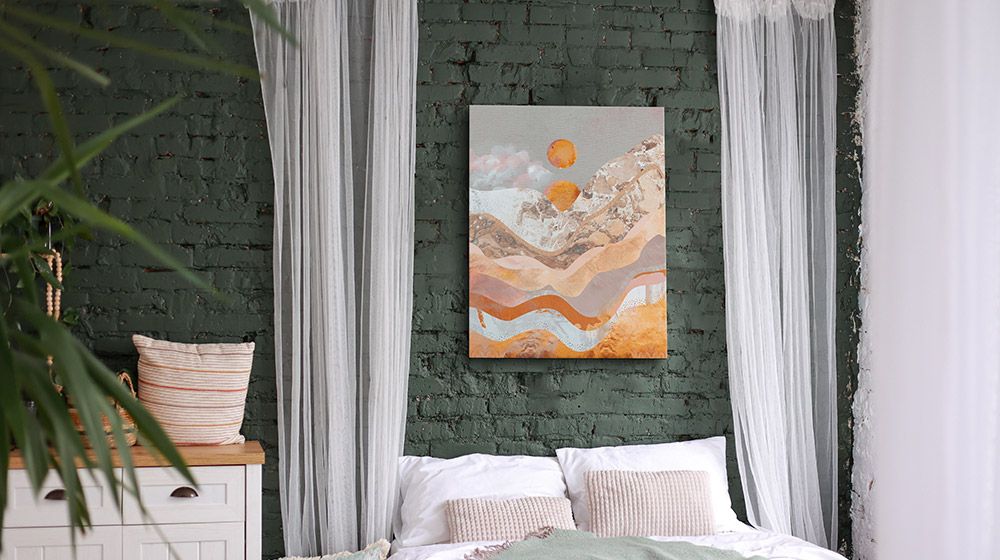 Abstract Canyon Wall Art by Mia Charro mounted on a green painted brick wall above a bed