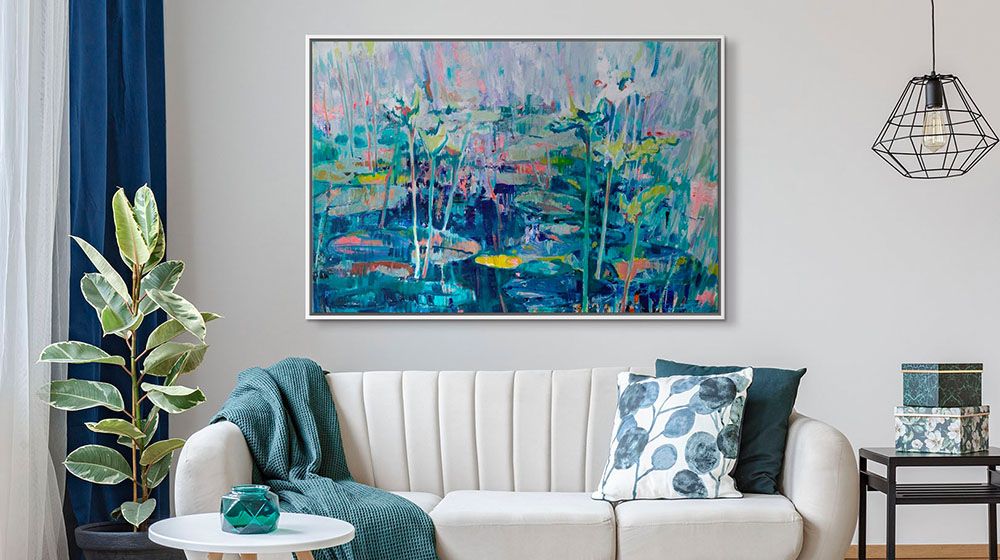 Reflections I Wall Art by Kenneth W H Lee in a silver floating frame over a modern sofa