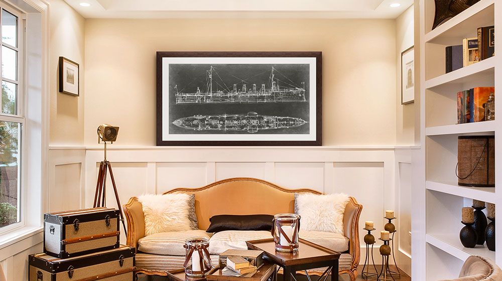 Navy Cruiser Blueprint Framed Wall Art by Ethan Harper pictured in a sitting room