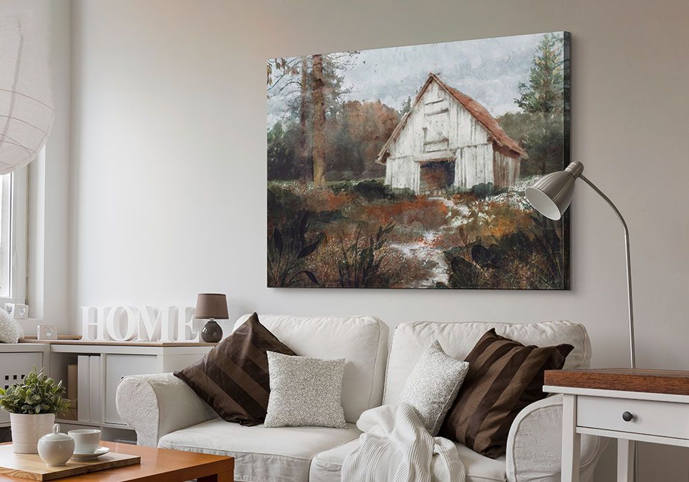 Rusted Hearth Barn II&nbsp;Wall Art by Blue, Nina printed on Canvas and hung above a sofa